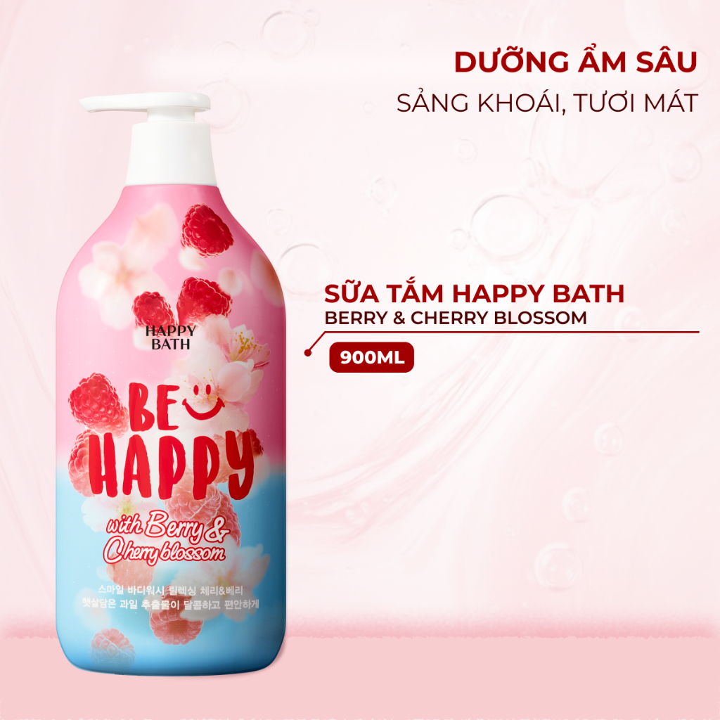 Sữa Tắm Happy Bath Be Happy Lưu Hương Lâu, Hương Dâu Rừng Ngọt Ngào Kết Hợp Hoa Anh Đào Dịu Nhẹ 900g