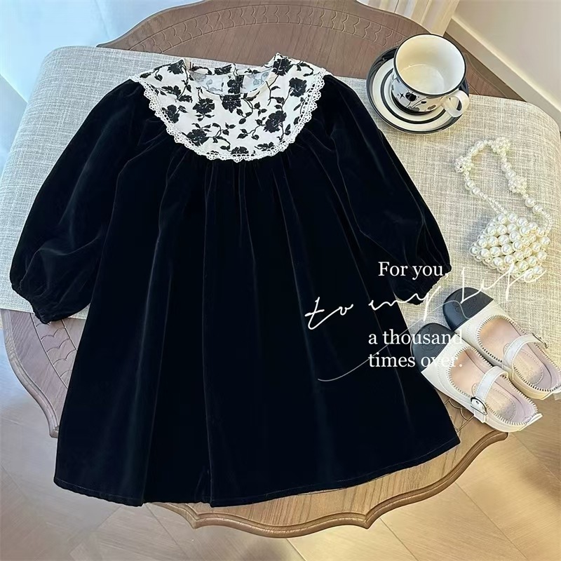 Váy Nhung Dài Tay Bé Gái Hania Kids Cổ Sen Hoa Phối Ren Dễ Thương, Chất Liệu Dày Dặn Mềm Mại