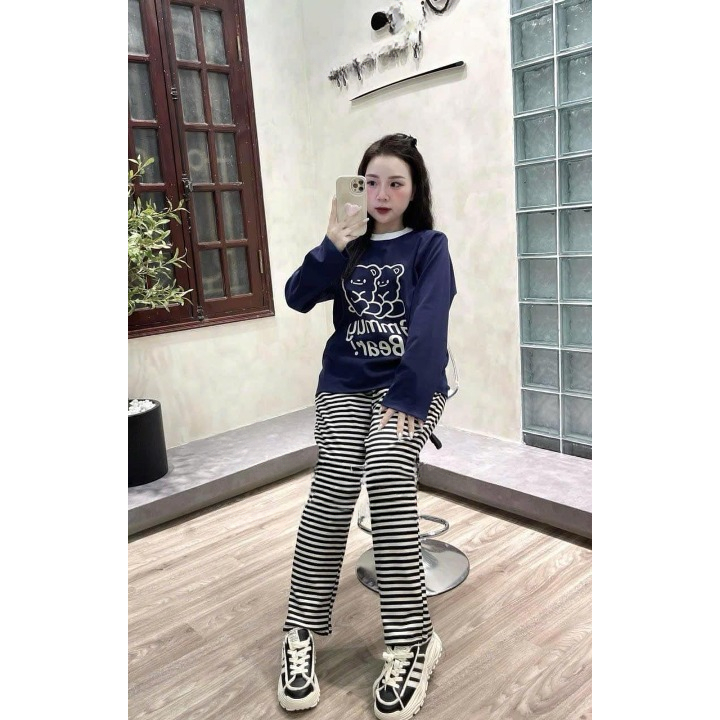 Set đồ nữ, đồ bộ nữ DONNA HCOM3390 thu đông áo in hình gấu dễ thương mix quần suông kẻ ngang