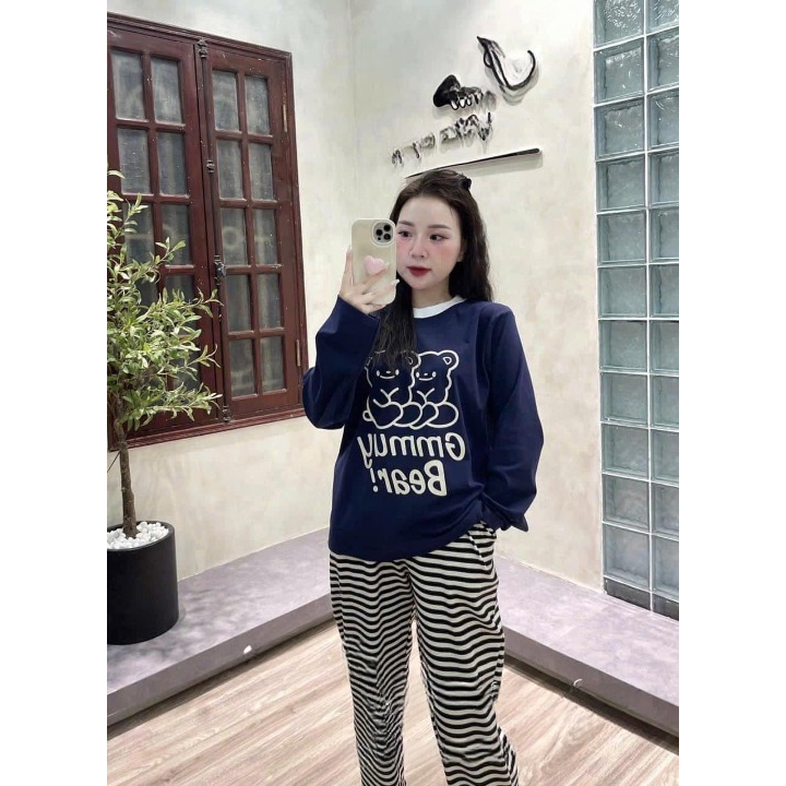Set đồ nữ, đồ bộ nữ DONNA HCOM3390 thu đông áo in hình gấu dễ thương mix quần suông kẻ ngang