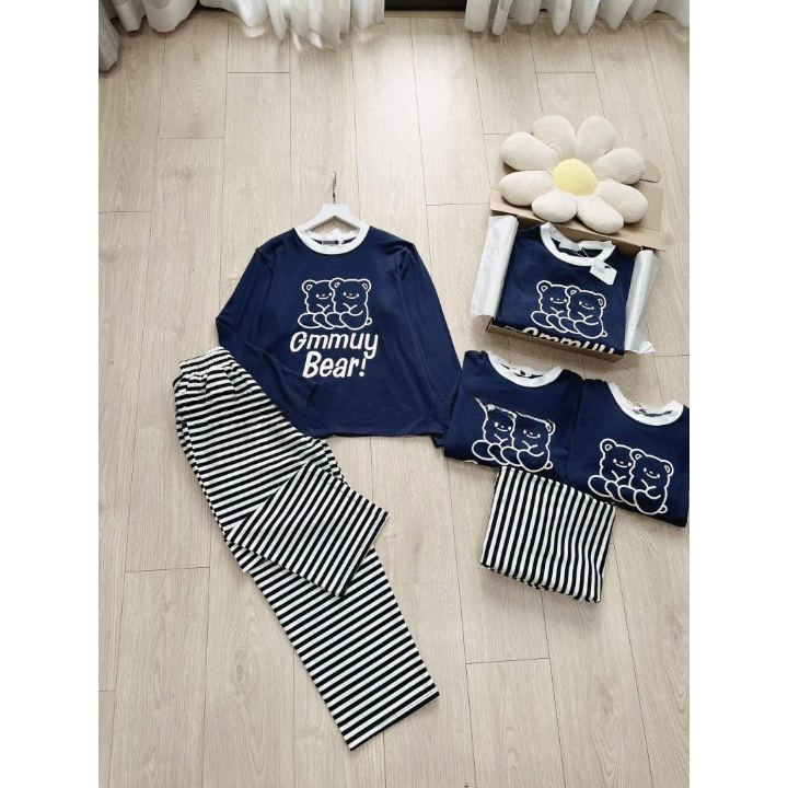 Set đồ nữ, đồ bộ nữ DONNA HCOM3390 thu đông áo in hình gấu dễ thương mix quần suông kẻ ngang