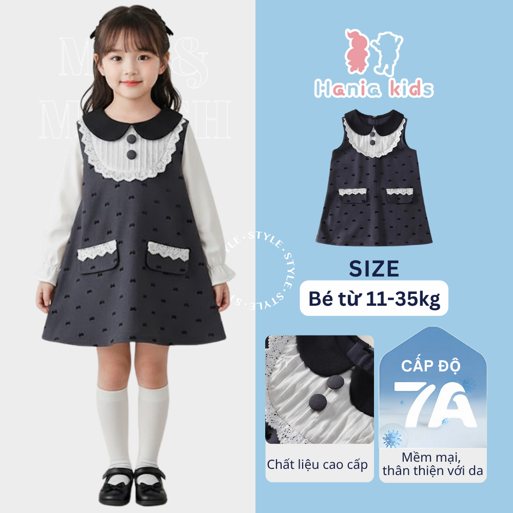 Váy yếm bé gái Hania Kids dáng chữ A, cổ tròn phối ren dễ thương cho bé đi học đi chơi