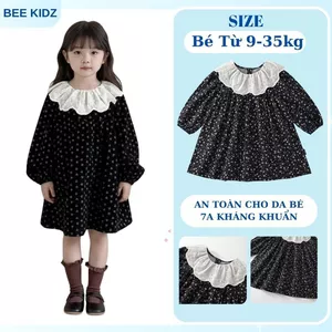 Váy Cho Bé Gái, Váy Dài Tay Cho Bé Gái Thiết Kế Cổ Bèo Tiểu Thư Chất Liệu Mềm Mại