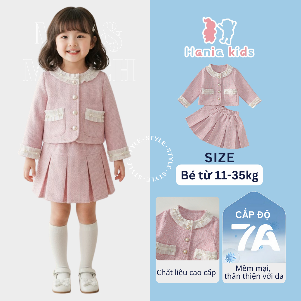 SET đồ bé gái Hania Kids gồm áo và chân váy xòe, màu hồng phong cách tiểu thư mặc đi học đi chơi