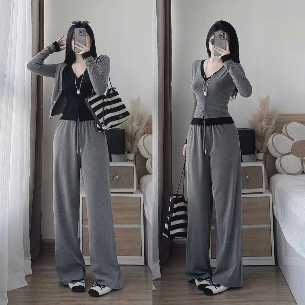 Set đồ nữ, đồ bộ nữ DONNA HCOM26544 thu đông 3 chi tiết áo thun xám mix quần suông dài trẻ trung