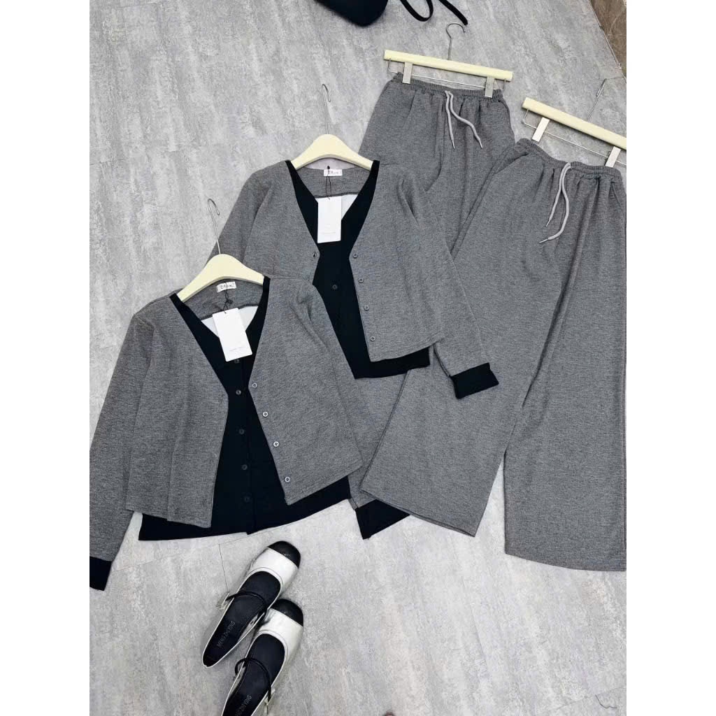 Set đồ nữ, đồ bộ nữ DONNA HCOM26544 thu đông 3 chi tiết áo thun xám mix quần suông dài trẻ trung