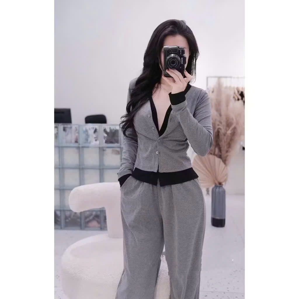 Set đồ nữ, đồ bộ nữ DONNA HCOM26544 thu đông 3 chi tiết áo thun xám mix quần suông dài trẻ trung