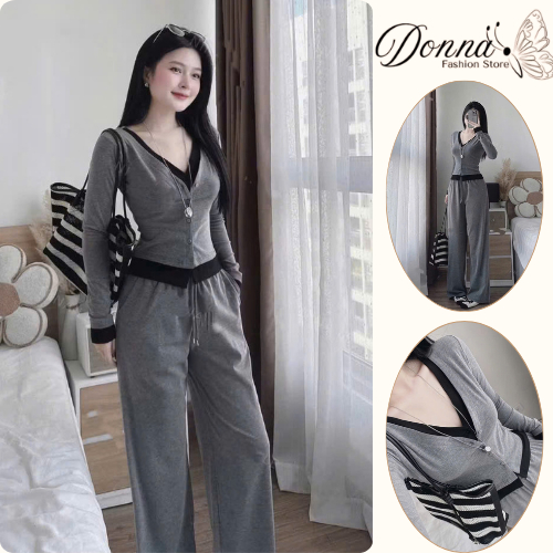 Set đồ nữ, đồ bộ nữ DONNA HCOM26544 thu đông 3 chi tiết áo thun xám mix quần suông dài trẻ trung