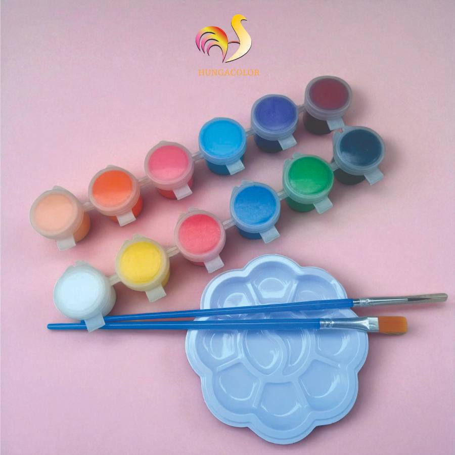Dây 12 Màu Acrylic Pha Sẵn Loại 3/5ml Kèm 2 Cọ Vẽ Và  Khay Pha Màu HUNGACOLOR