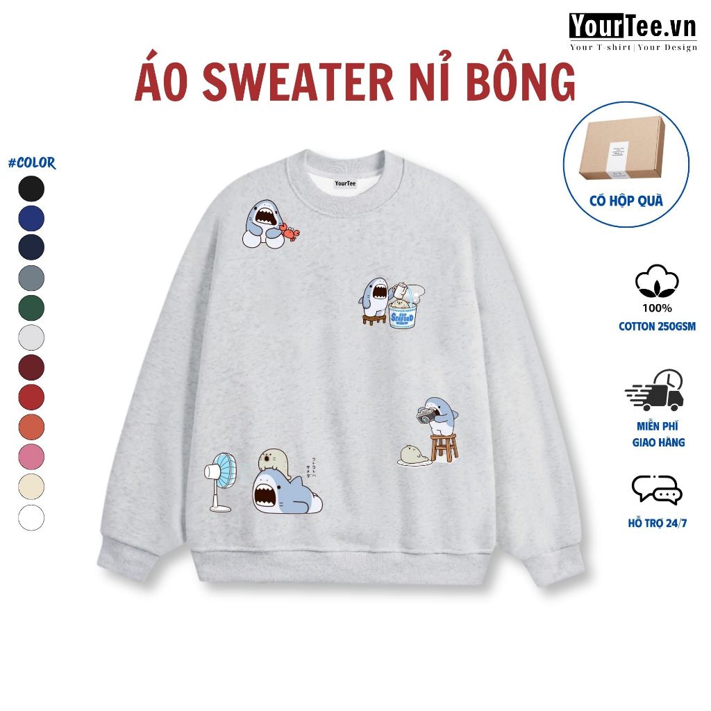 [ÁO SWEATER CÁ MẬP CHILL CHILL] Áo Sweater Nỉ Lót Bông Cotton 350 GSM ĐẸP In CÁ MẬP CHILL Có Hộp + YT New 12