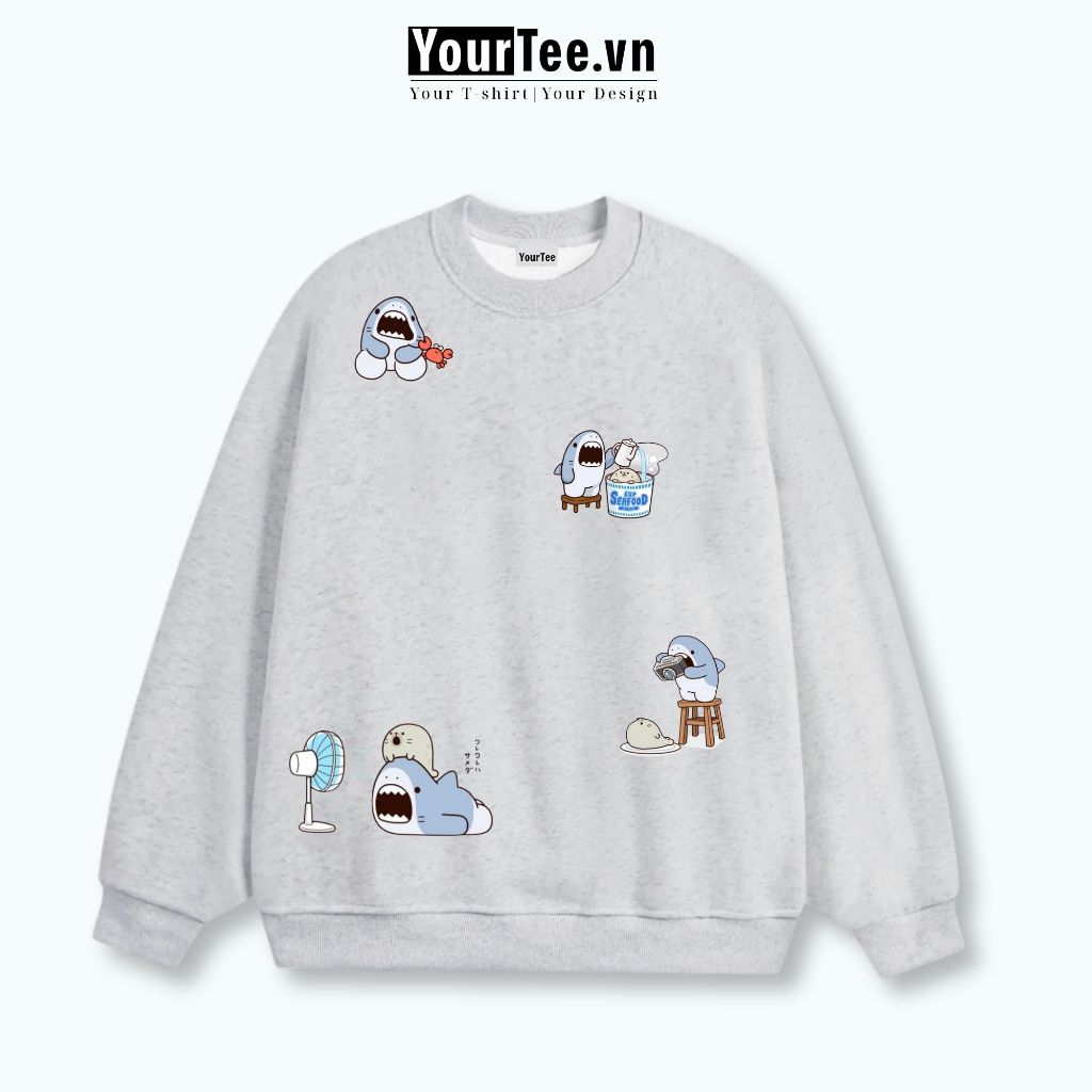 [ÁO SWEATER CÁ MẬP CHILL CHILL] Áo Sweater Nỉ Lót Bông Cotton 350 GSM ĐẸP In CÁ MẬP CHILL Có Hộp + YT New 12