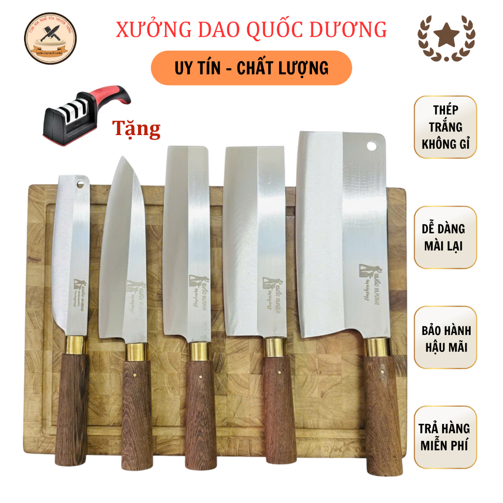Bộ dao nhà bếp QUỐC DƯƠNG ,làm từ thép trắng Nhật 420HC kháng gỉ, cán gỗ mun chống mối mọt, BH 24 tháng - M1