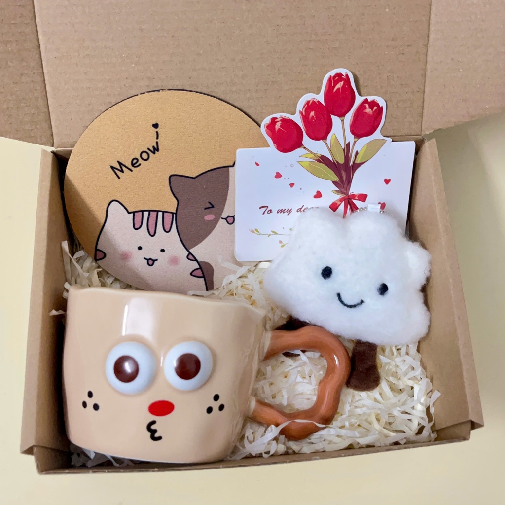 [Mới/Hỏa Tốc] Set quà tặng Cốc Sứ Bé Mắt Lồi 320ml Siêu cute kèm móc khóa, lót ly  tặng bạn bè, người thân