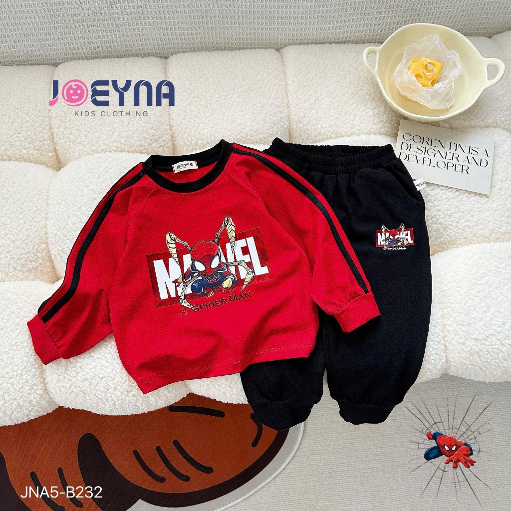 Bộ cotton thu đông dài tay bé trai in hoạ tiết siêu nhân, bộ cotton bé trai in siêu nhân dài tay
