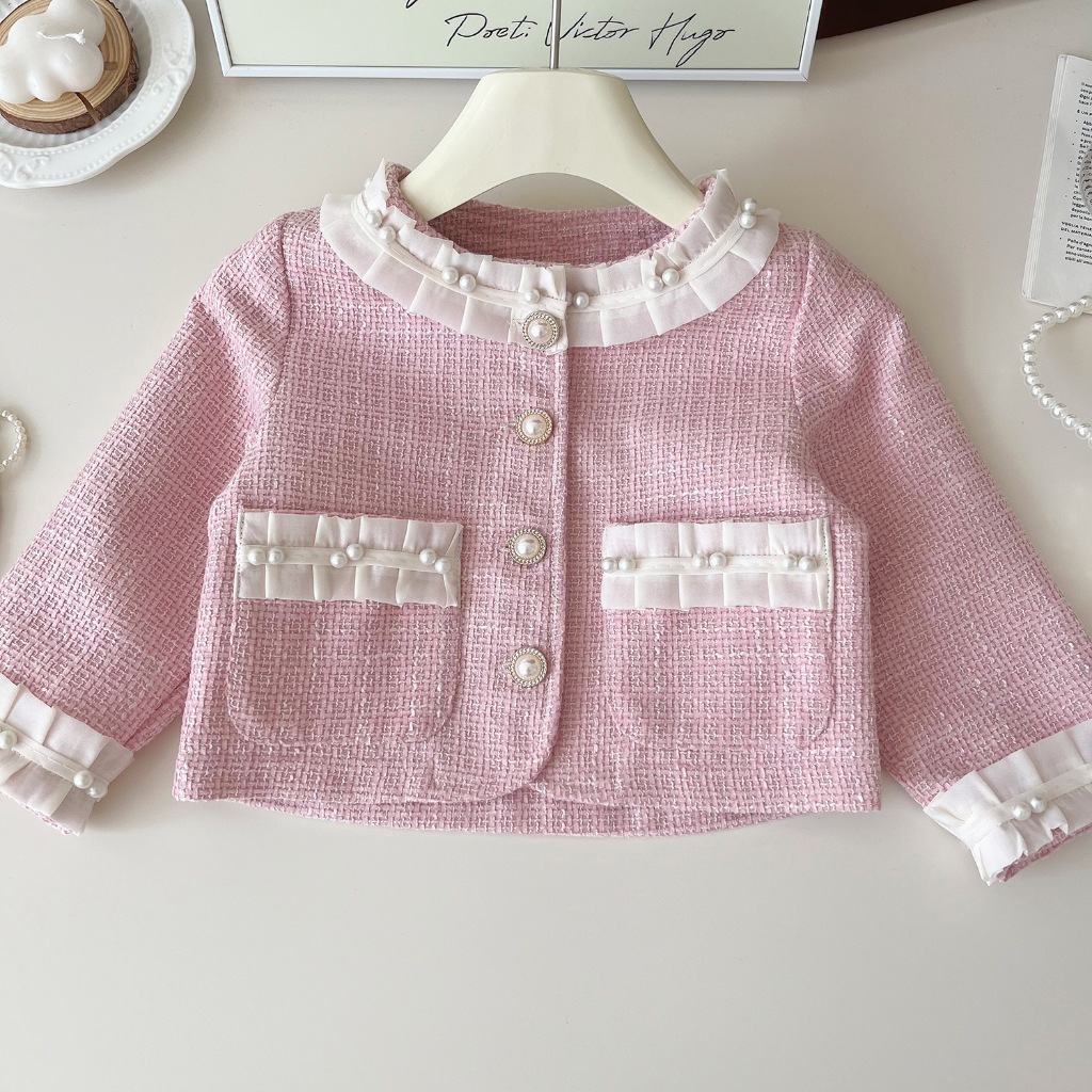 SET đồ bé gái Hania Kids gồm áo và chân váy xòe, màu hồng phong cách tiểu thư mặc đi học đi chơi
