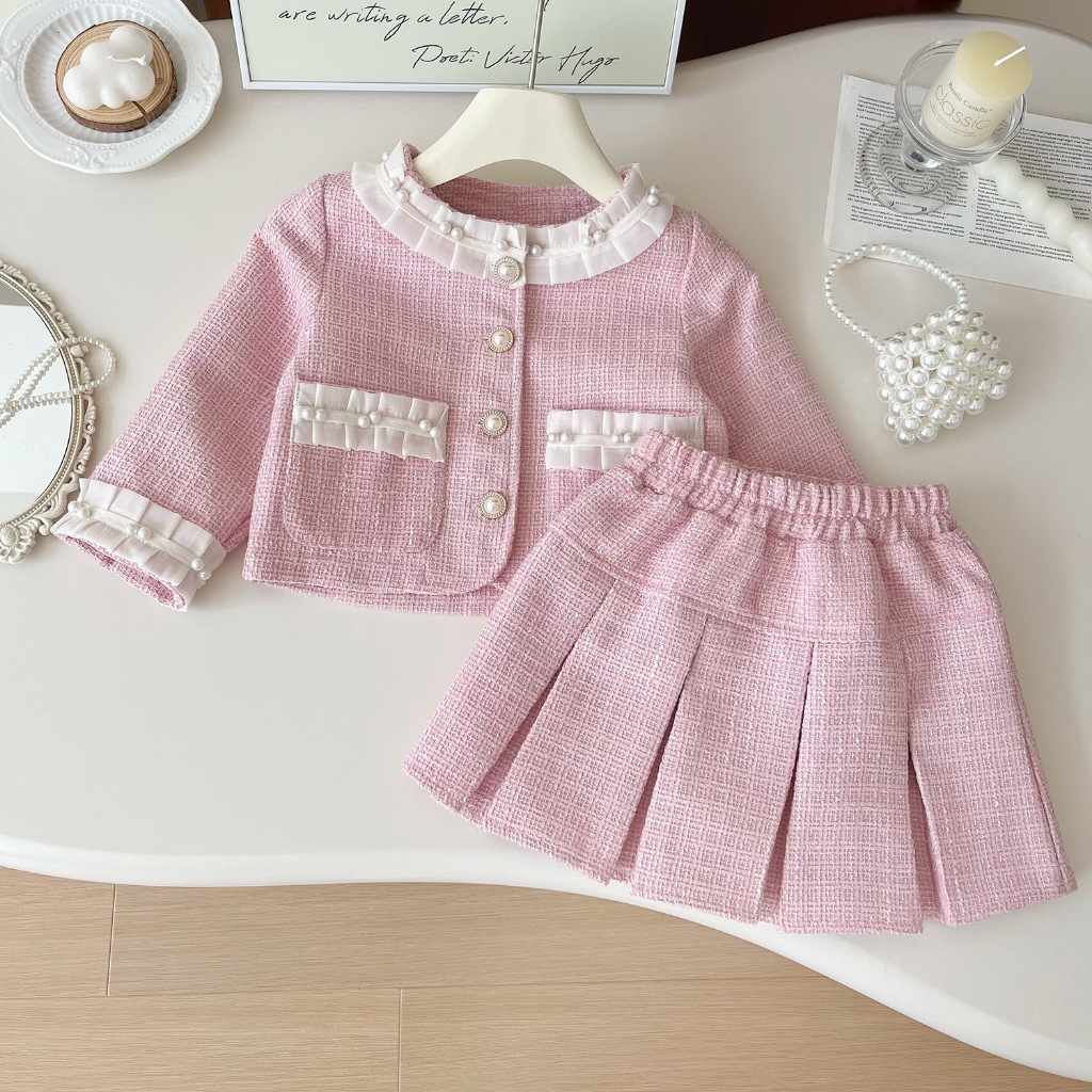SET đồ bé gái Hania Kids gồm áo và chân váy xòe, màu hồng phong cách tiểu thư mặc đi học đi chơi