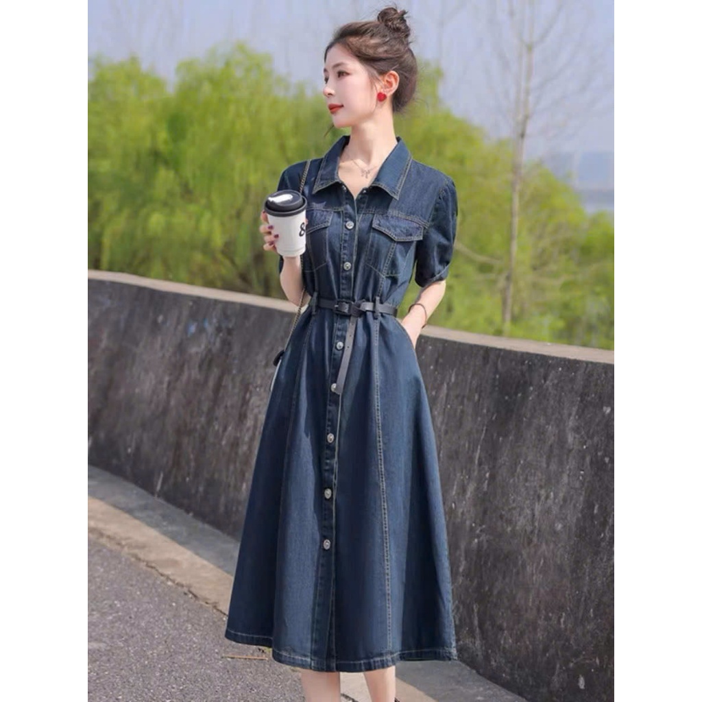 váy sơ mi jean quảng châu cài cúc phong cách hàn quốc, váy denim dáng a xinh xắn kèm nịt