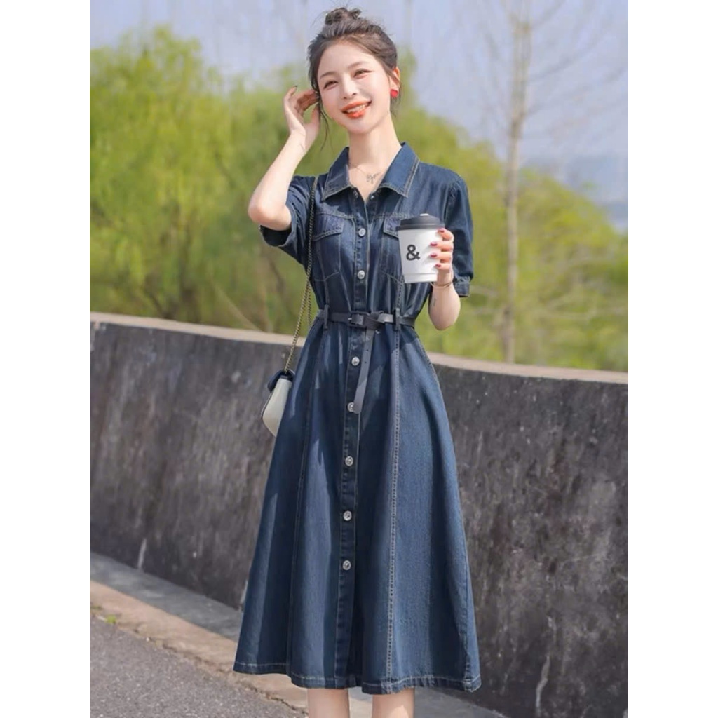 váy sơ mi jean quảng châu cài cúc phong cách hàn quốc, váy denim dáng a xinh xắn kèm nịt
