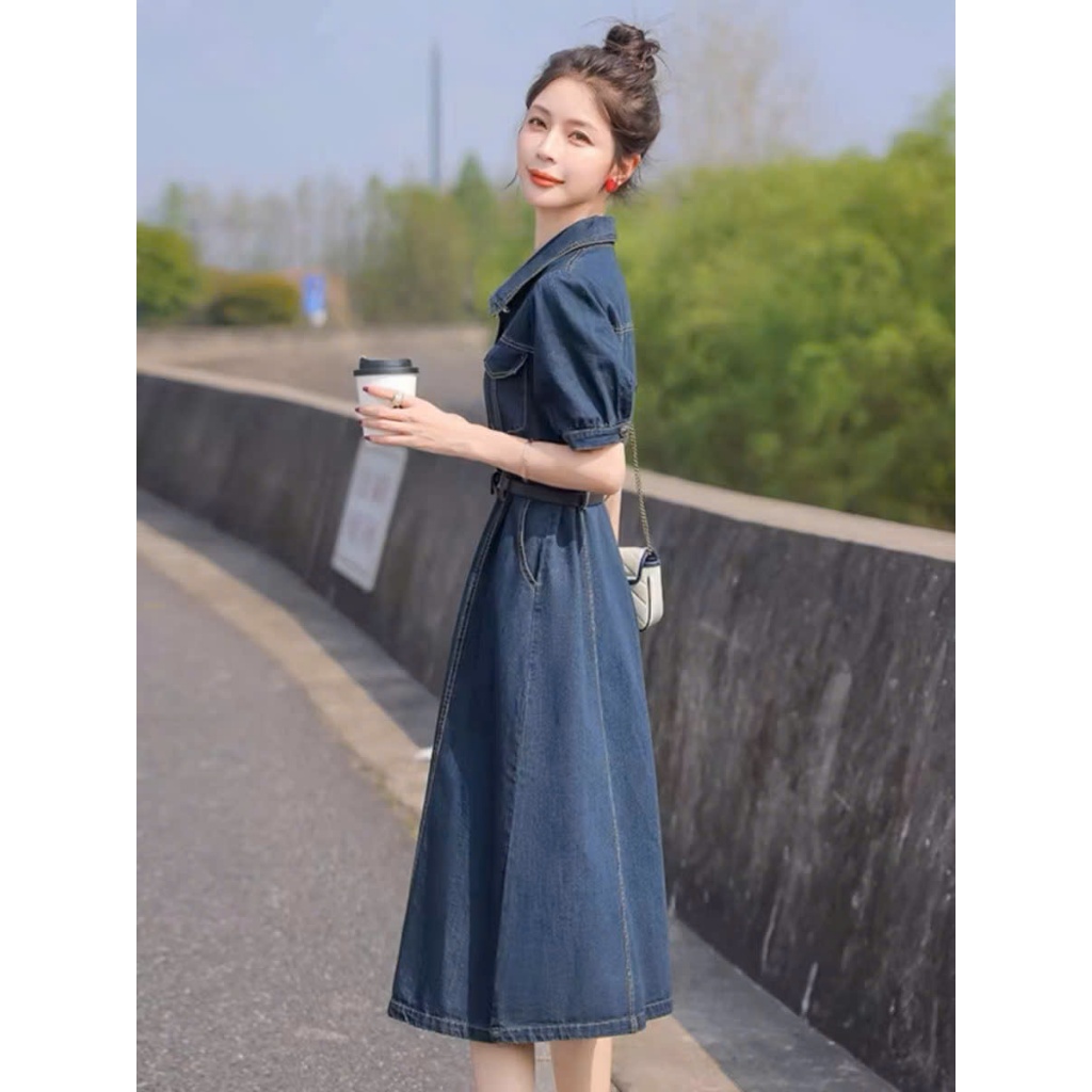 váy sơ mi jean quảng châu cài cúc phong cách hàn quốc, váy denim dáng a xinh xắn kèm nịt