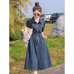 váy sơ mi jean quảng châu cài cúc phong cách hàn quốc, váy denim dáng a xinh xắn kèm nịt