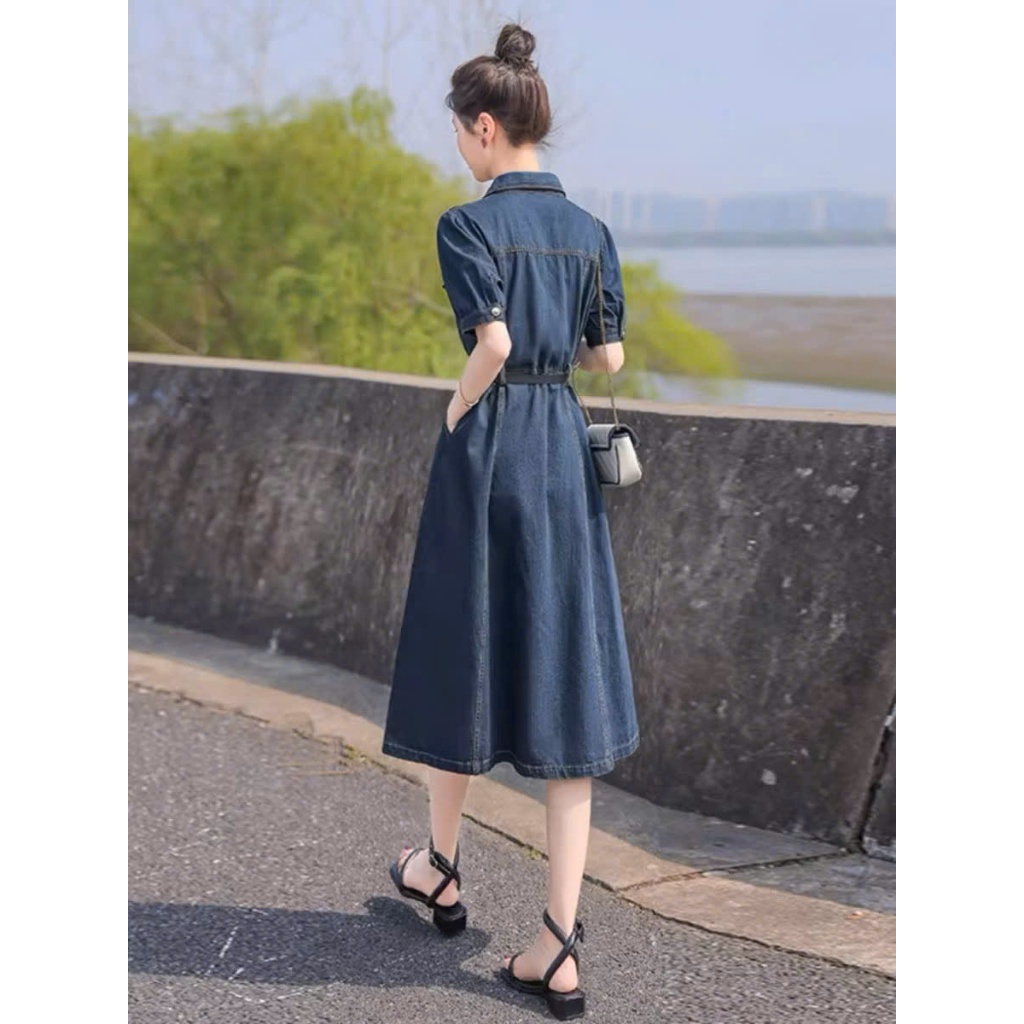 váy sơ mi jean quảng châu cài cúc phong cách hàn quốc, váy denim dáng a xinh xắn kèm nịt