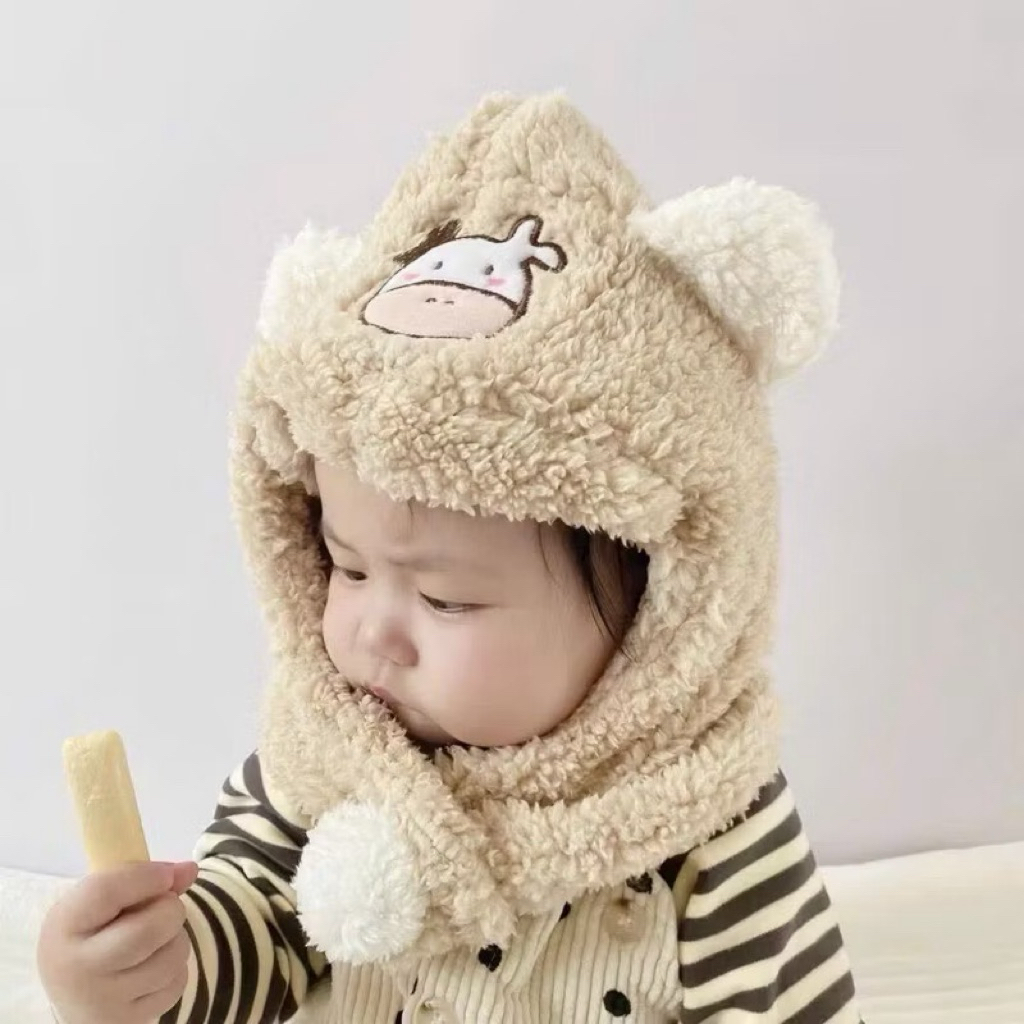 Mũ trùm đầu bảo vệ tai hình bò sữa cho bé - Nón giữ ấm tai bò