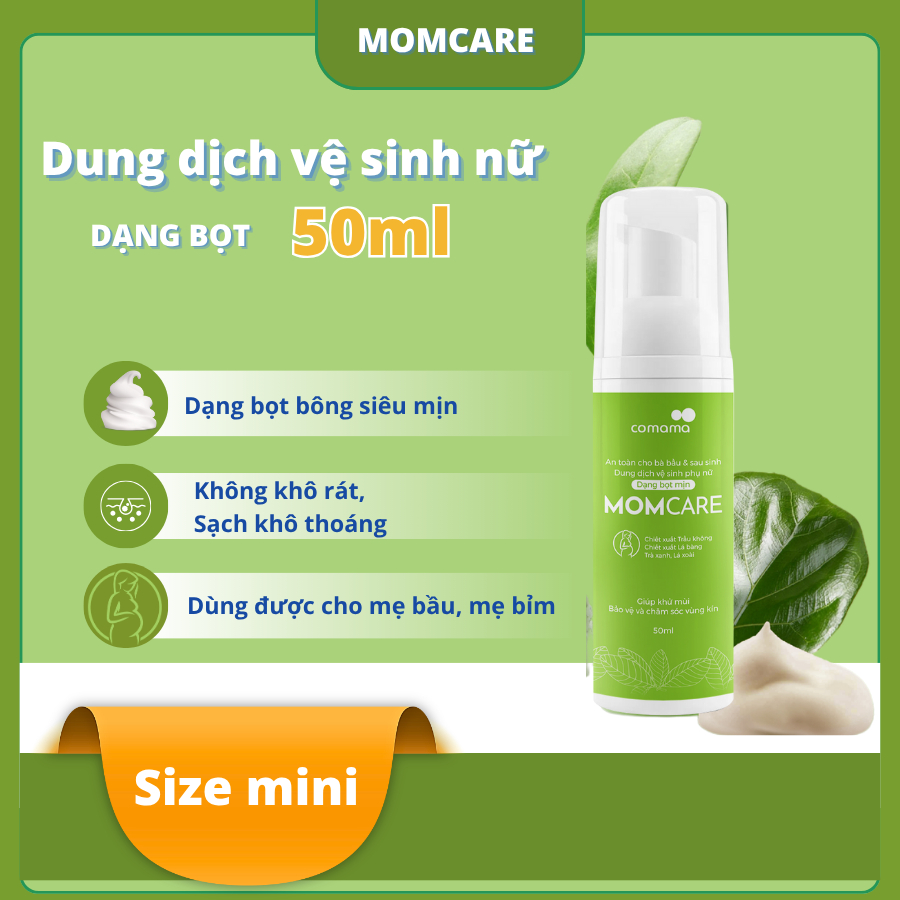Dung dịch vệ sinh phụ nữ Momcare dạng tạo bọt sẵn thiên nhiên mẫu thử trial 50ml tiện lợi khi đi du lịch