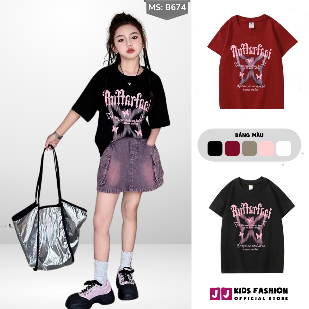 Áo Thun Trẻ Em JJ Kids Fashion – In Hình Butterfly Đôi Cánh Tỏa Sáng – Form Rộng Bé Gái B674