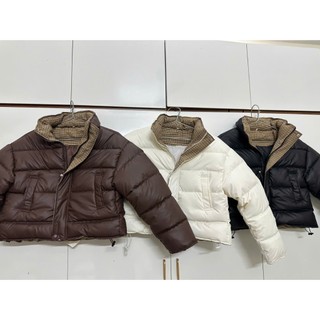 Áo Khoác Phao Da Nữ Phối Kẻ Caro Cao Cổ Cúc Bấm 2 Túi Freesize