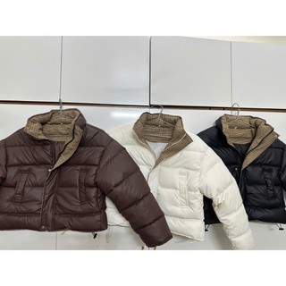 Áo Khoác Phao Da Nữ Phối Kẻ Caro Cao Cổ Cúc Bấm 2 Túi Freesize