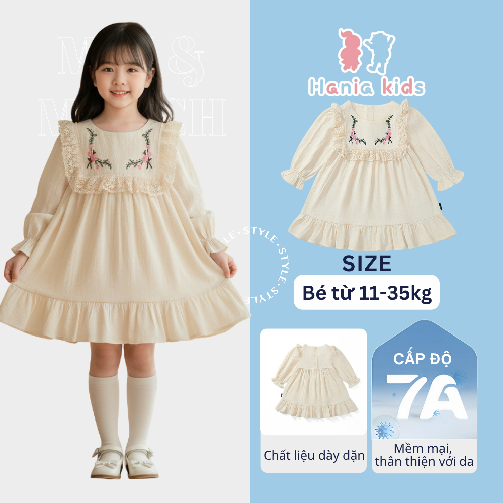Váy Công Chúa Bé Gái Hoa Thêu Hania Kids, Chất Liệu Mềm Mại, Phong Cách Tiểu Thư Ngọt Ngào