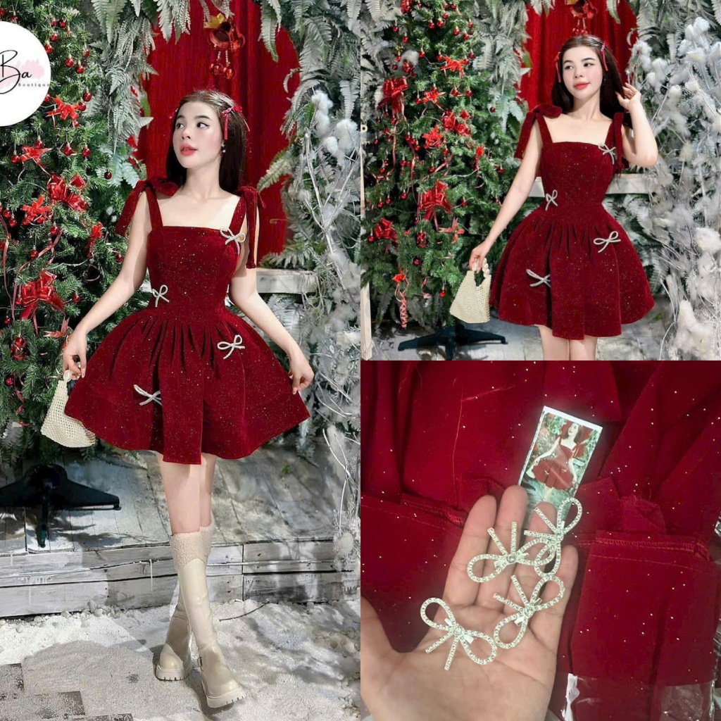 SET VÁY NHUNG  HAI DÂY ĐÍNH NƠ ĐÓN TẾT, NOEL SỊN SÒ
