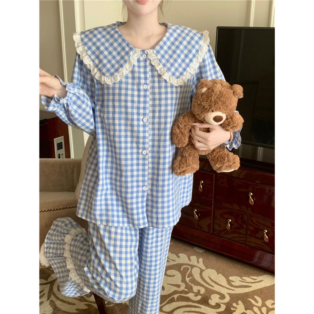 Bộ Đồ Ngủ Nữ Bigsize Tay Dài Quần Dài Cổ Nhọn Viền Ren Dễ Thương Chất Caro Xốp Thoáng Mát – PONA