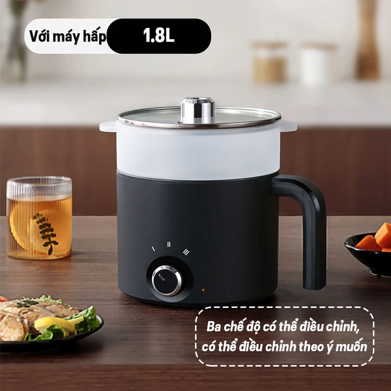 【Bảo hành 3 năm】- Nồi Lẩu Điện Đa Năng 1.8 Lít -Nồi Điện Nấu Mì Đa Năng Kèm Xửng Hấp -3 Mức Nhiệt