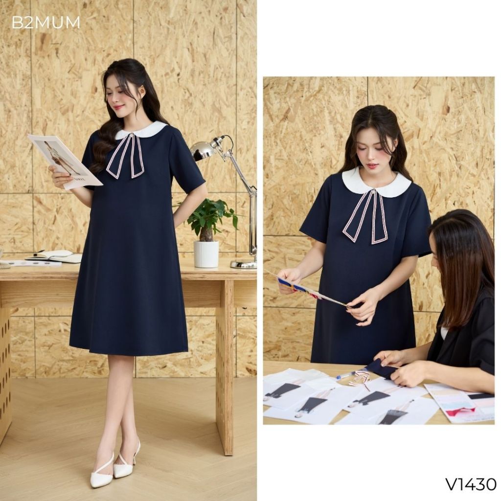 Váy bầu suông công sở, thiết kế mix cố sen trắng phù hợp đi làm, đi chơi sang trọng lịch sự - V1430 B2MUM