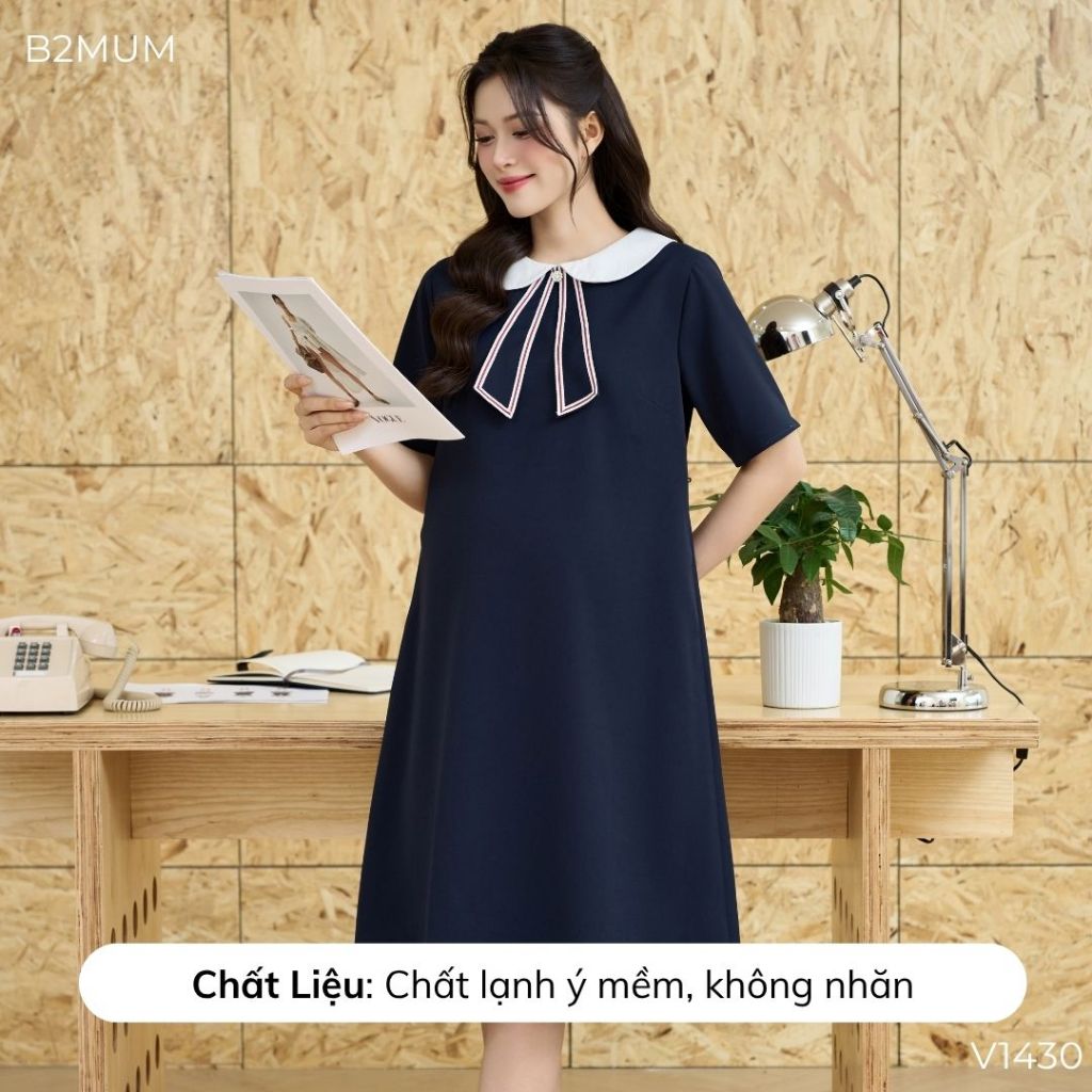 Váy bầu suông công sở, thiết kế mix cố sen trắng phù hợp đi làm, đi chơi sang trọng lịch sự - V1430 B2MUM