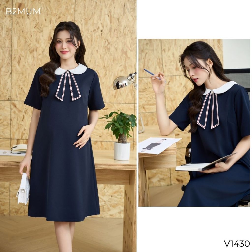 Váy bầu suông công sở, thiết kế mix cố sen trắng phù hợp đi làm, đi chơi sang trọng lịch sự - V1430 B2MUM