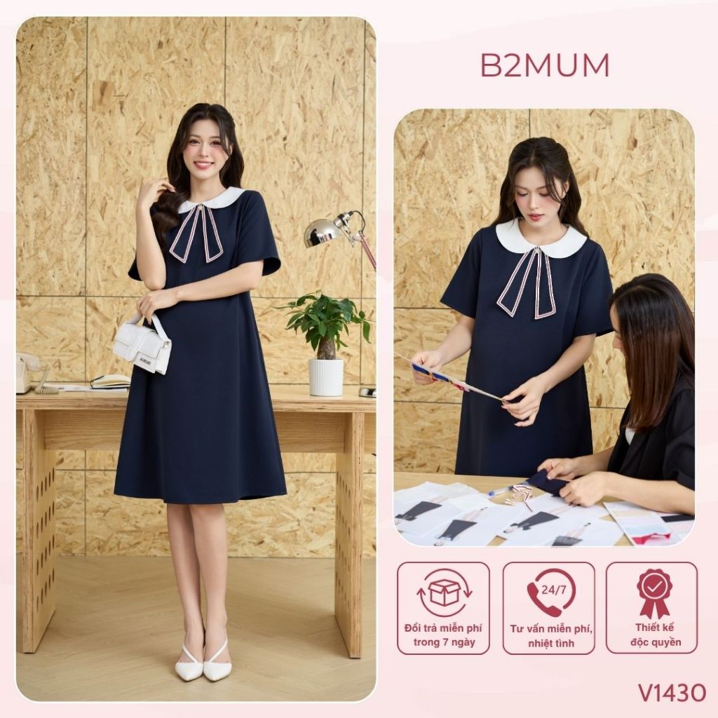 Váy bầu suông công sở, thiết kế mix cố sen trắng phù hợp đi làm, đi chơi sang trọng lịch sự - V1430 B2MUM