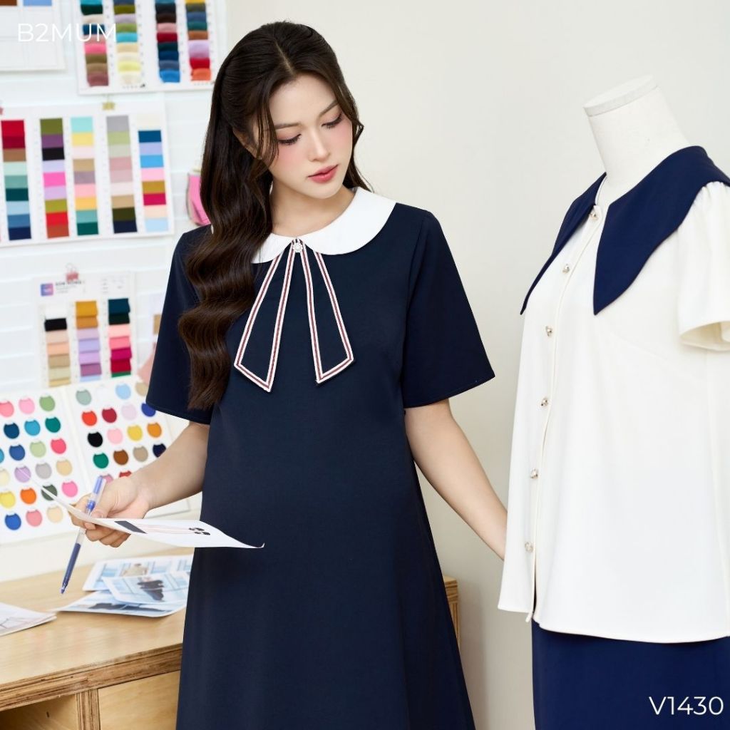 Váy bầu suông công sở, thiết kế mix cố sen trắng phù hợp đi làm, đi chơi sang trọng lịch sự - V1430 B2MUM