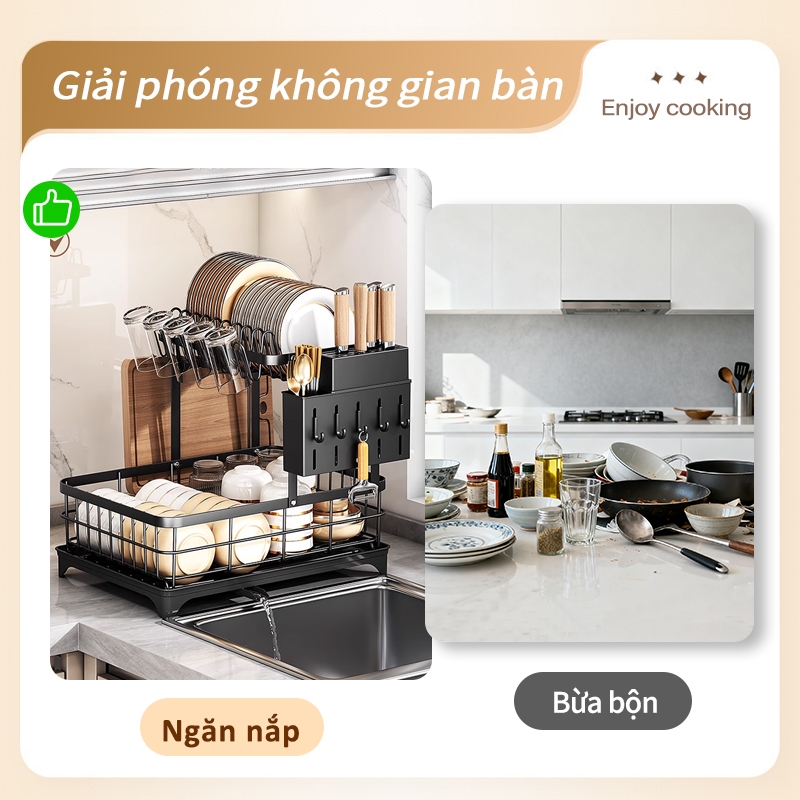 Lifinity Giá Để Bát Đĩa 2 Tầng Thông Minh - Tích Hợp Móc Treo Cốc, Giá Đũa & Khe Dao, Gấp Gọn Tiện Lợi