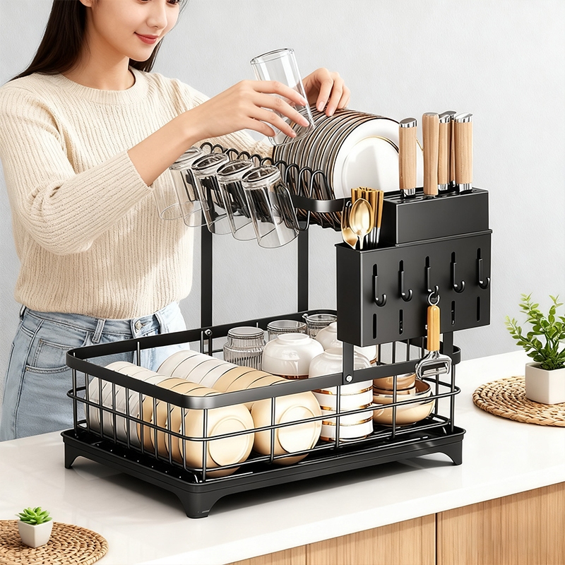 Lifinity Giá Để Bát Đĩa 2 Tầng Thông Minh - Tích Hợp Móc Treo Cốc, Giá Đũa & Khe Dao, Gấp Gọn Tiện Lợi