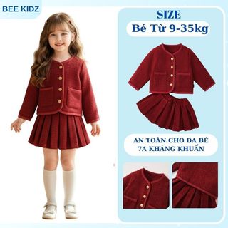 Sét Đồ Bé Gái, Sét Dạ Thiết kế Áo Dài Tay Kèm Chân Váy Xếp Ly Chất Liệu Dạ Ấm Áp