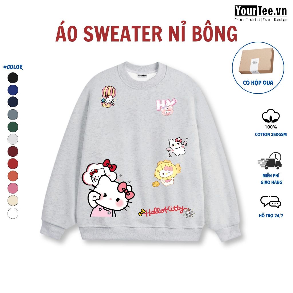 [ÁO SWEATER BRAND] Áo Sweater Nỉ Bông 350GSM Cotton100%, Áo In HELLO KITTY  YT New 06 + CÓ HỘP
