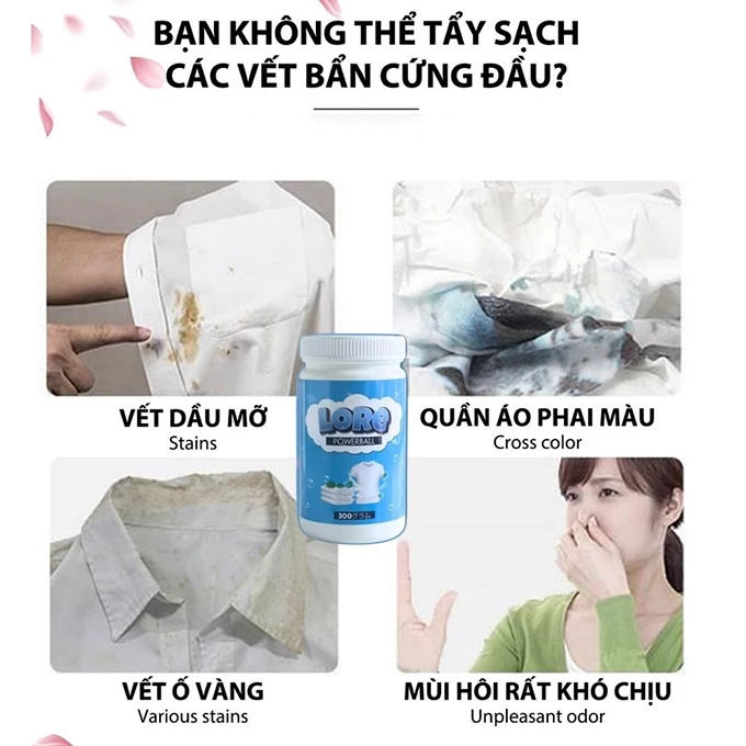 Bột Tẩy Trắng Quần Áo Thần Thánh LORE Làm Sạch Vải Ố Vàng Vết Bẩn Khó Giặt An Toàn Không Phai Màu