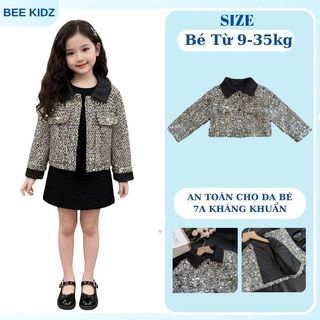 Áo Khoác Cho Bé Gái, Áo Khoác Lấp Lánh Cho Bé Gái Thiết Kế Cổ Bẻ Dáng Croptop Chất Liệu Dạ Ấm Áp