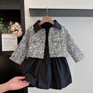 Áo Khoác Cho Bé Gái, Áo Khoác Lấp Lánh Cho Bé Gái Thiết Kế Cổ Bẻ Dáng Croptop Chất Liệu Dạ Ấm Áp