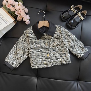 Áo Khoác Cho Bé Gái, Áo Khoác Lấp Lánh Cho Bé Gái Thiết Kế Cổ Bẻ Dáng Croptop Chất Liệu Dạ Ấm Áp