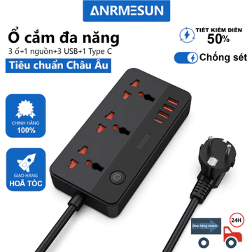 Ổ cắm điện đa năng ANRMESUN, Chống sét chống cháy,cổng USB Type-C tích hợp Sạc Nhanh 20W,Dây cáp dày và chắc chắn
