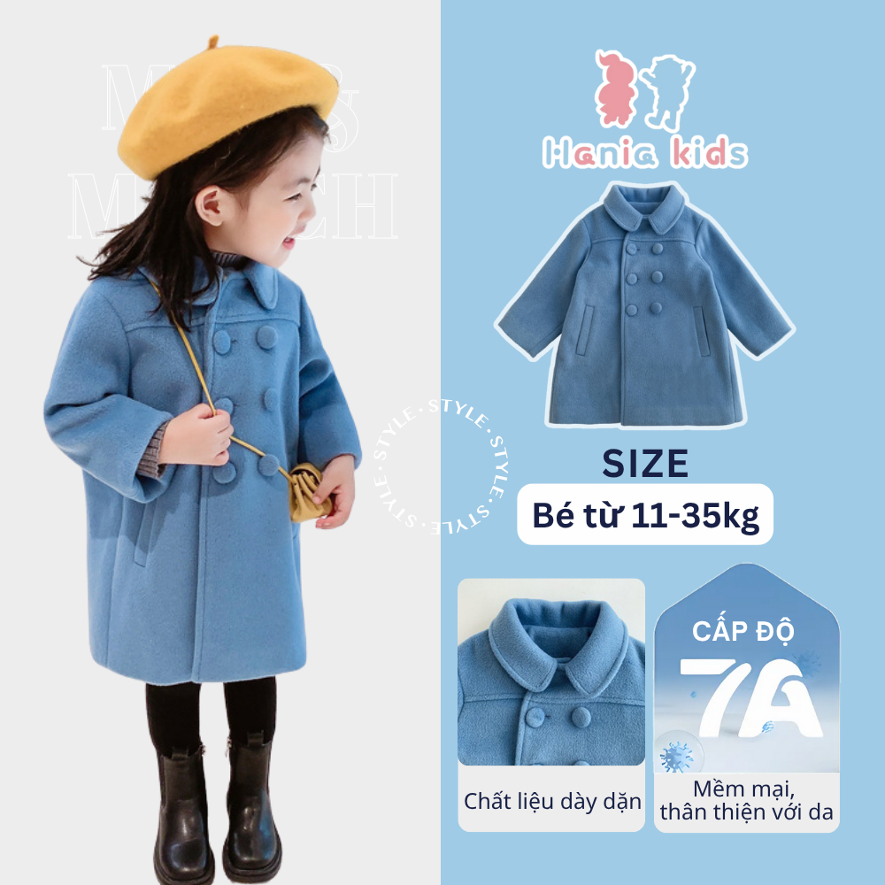 Áo Khoác Dáng Dài Bé Gái Hania Kids, Chất Liệu Dày Dặn, Phong Cách Sang Trọng