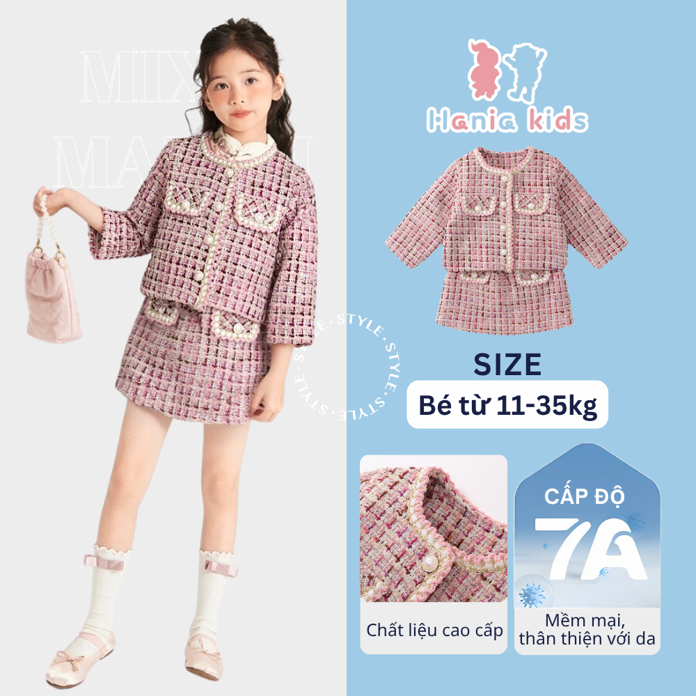 Set Váy Cho Bé Gái Hania Kids, Áo Dài Tay Và Chân Váy Vải Tweed Ấm Áp Phong Cách Tiểu Thư Sang Chảnh